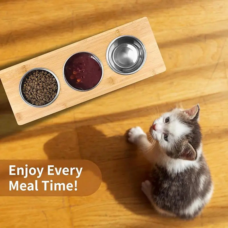 Cat Food Bowl Stand, 15° Tilted Cat Food Bowl, Stainless Steel Cat Bowls for Indoor Cats, Wood Pet Feeding Stand, Pets Feeding Supplies