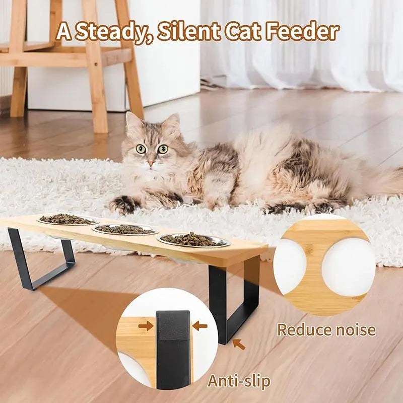 Cat Food Bowl Stand, 15° Tilted Cat Food Bowl, Stainless Steel Cat Bowls for Indoor Cats, Wood Pet Feeding Stand, Pets Feeding Supplies