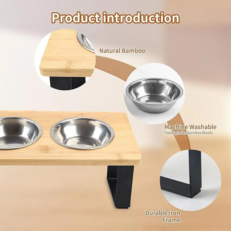 Cat Food Bowl Stand, 15° Tilted Cat Food Bowl, Stainless Steel Cat Bowls for Indoor Cats, Wood Pet Feeding Stand, Pets Feeding Supplies